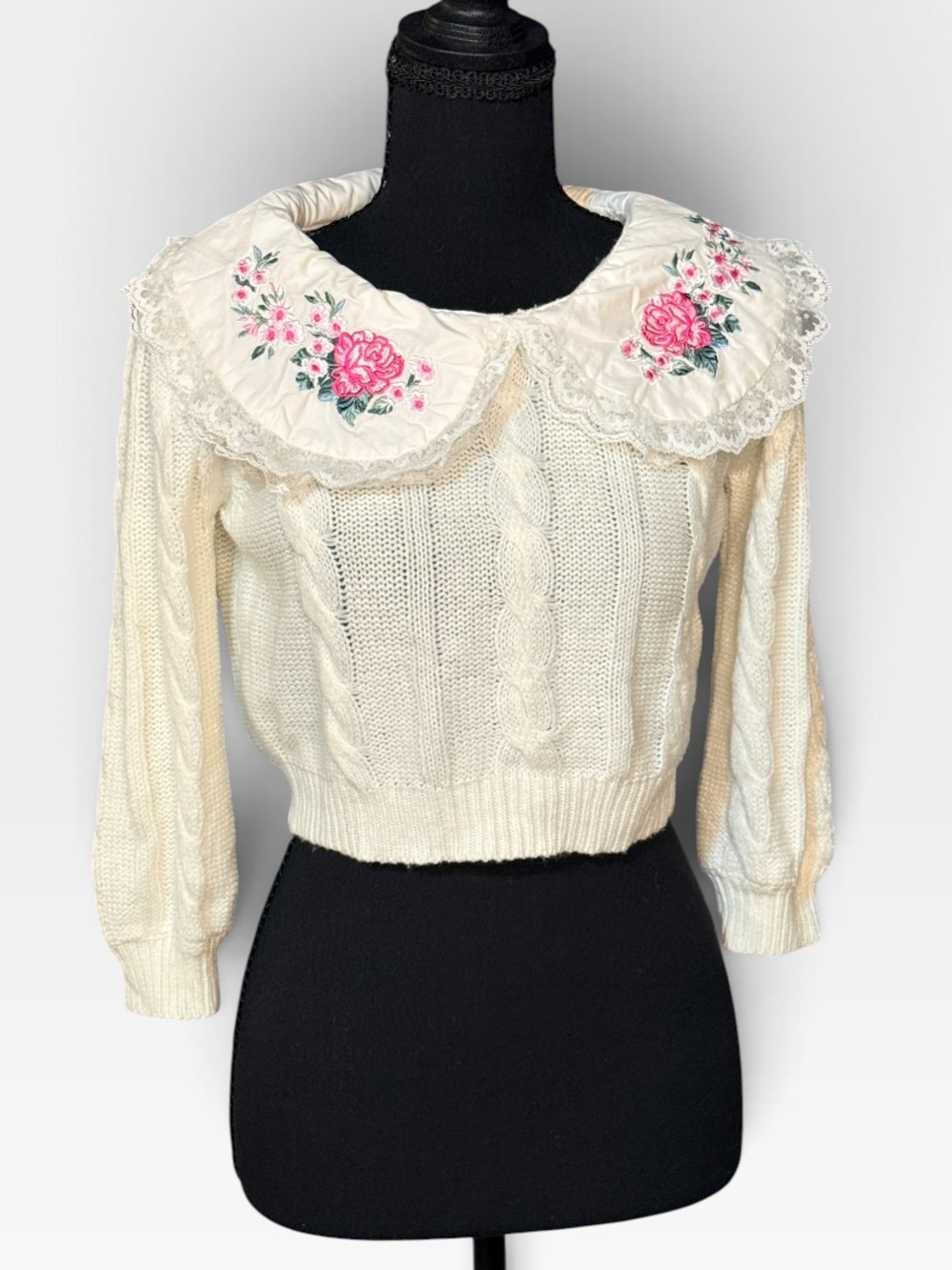 Sugar Thrillz Cream Cropped Cable-Knit Sweater with Embroidered Peter Pan Collar